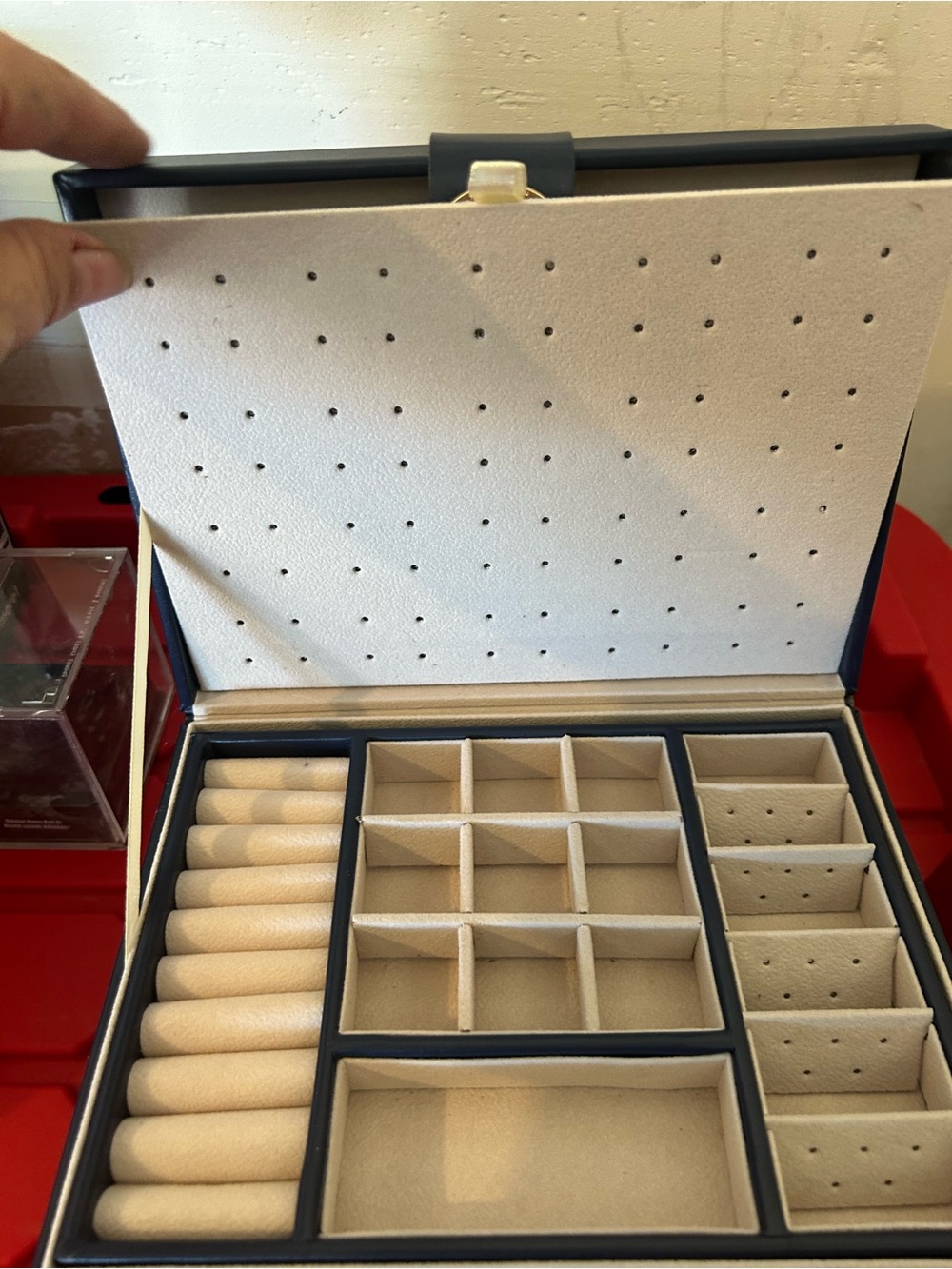 Men's Navy Leather Accessory Box with Crystal-Accent Closure